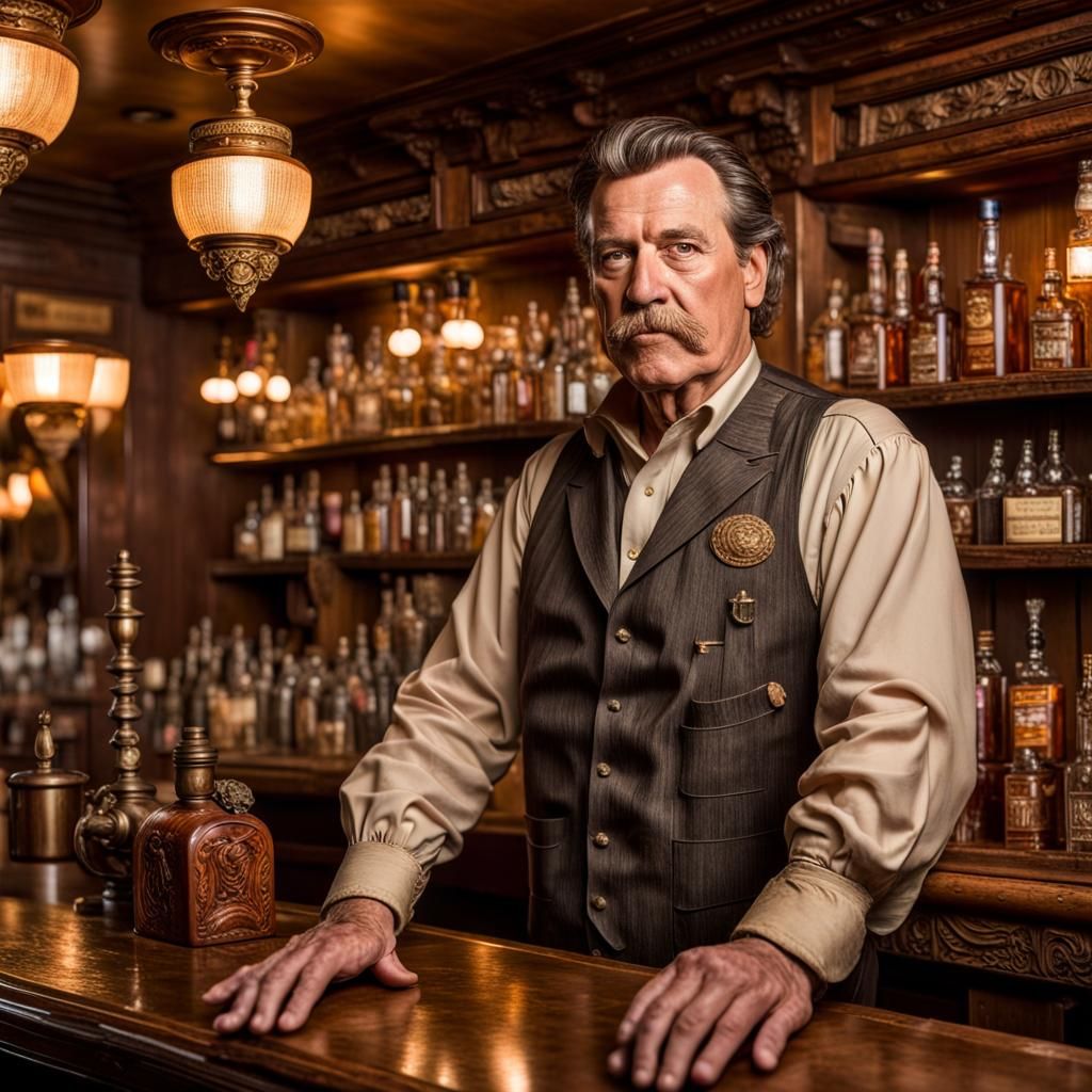 Saloon Owner in Dimly Lit Western Bar