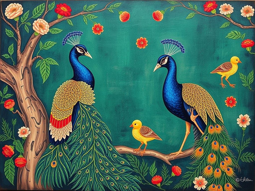 Vibrant Madhubani Painting of Peacocks, Peahens, and Peachic...