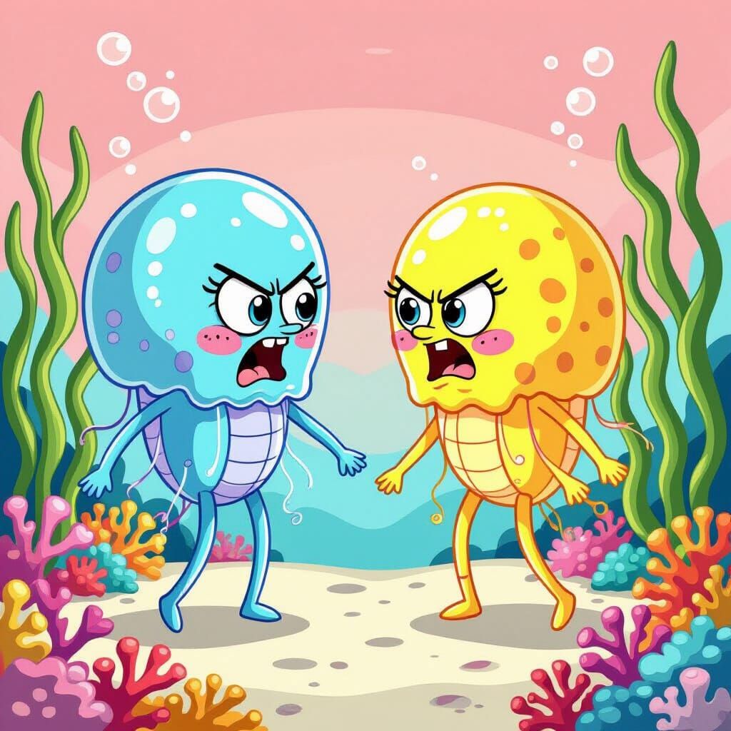 Jellyfish Cartoon Characters in Verbal Dispute