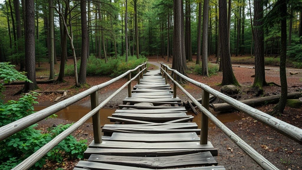 Broken Wooden Bridge Over Lush Forest Landscape