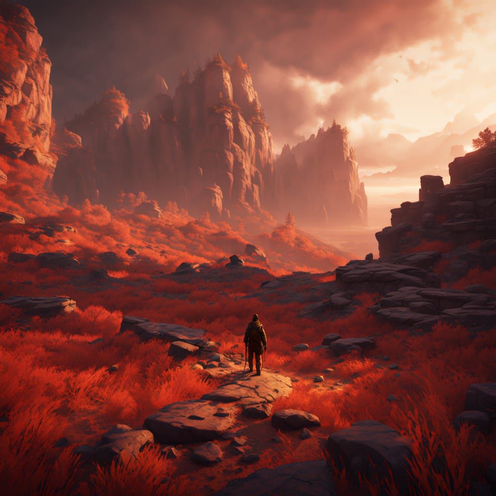 Epic Dark Fantasy Scene in Vibrant Red and Orange Hues