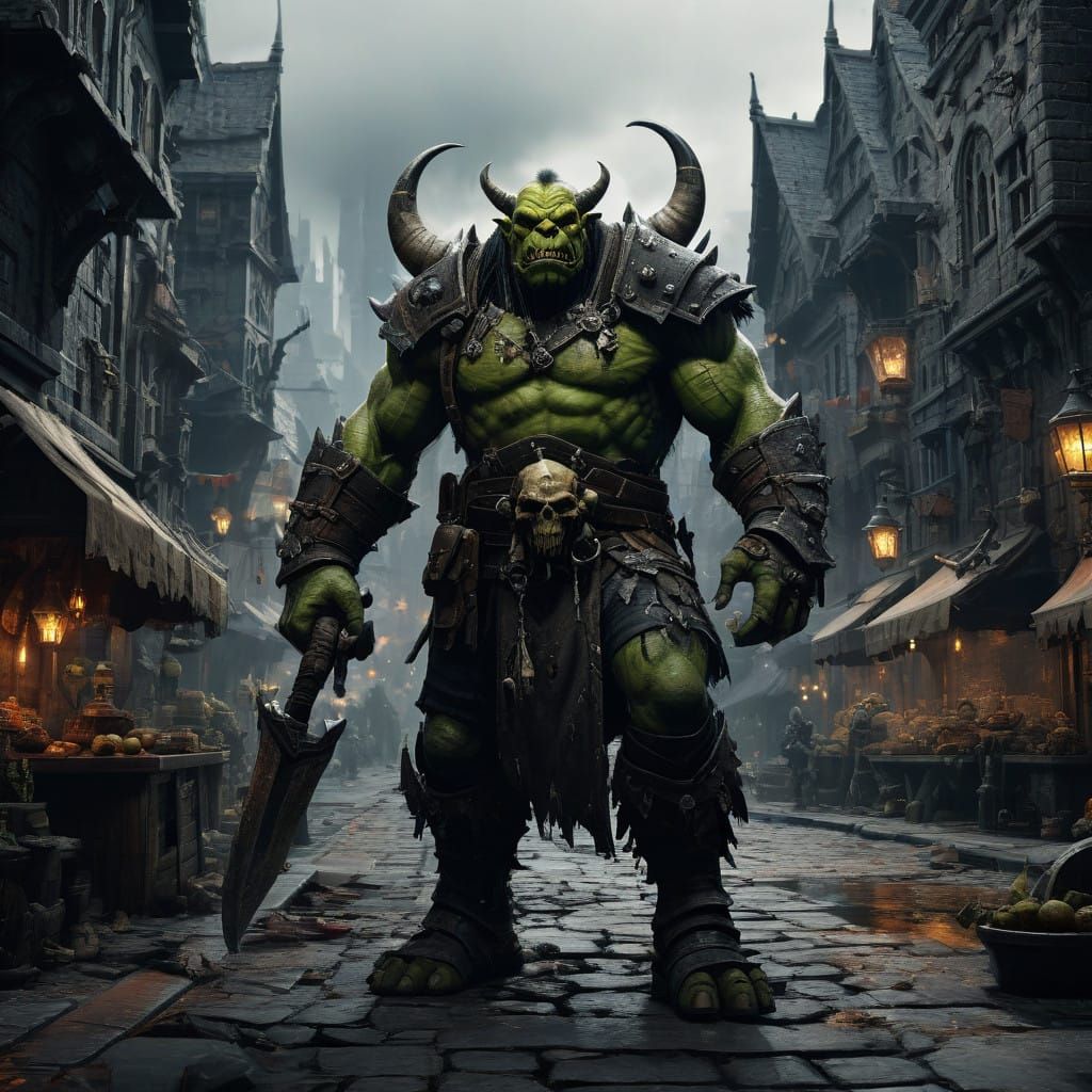 Dark Fantasy Butcher in a Gothic Cityscape