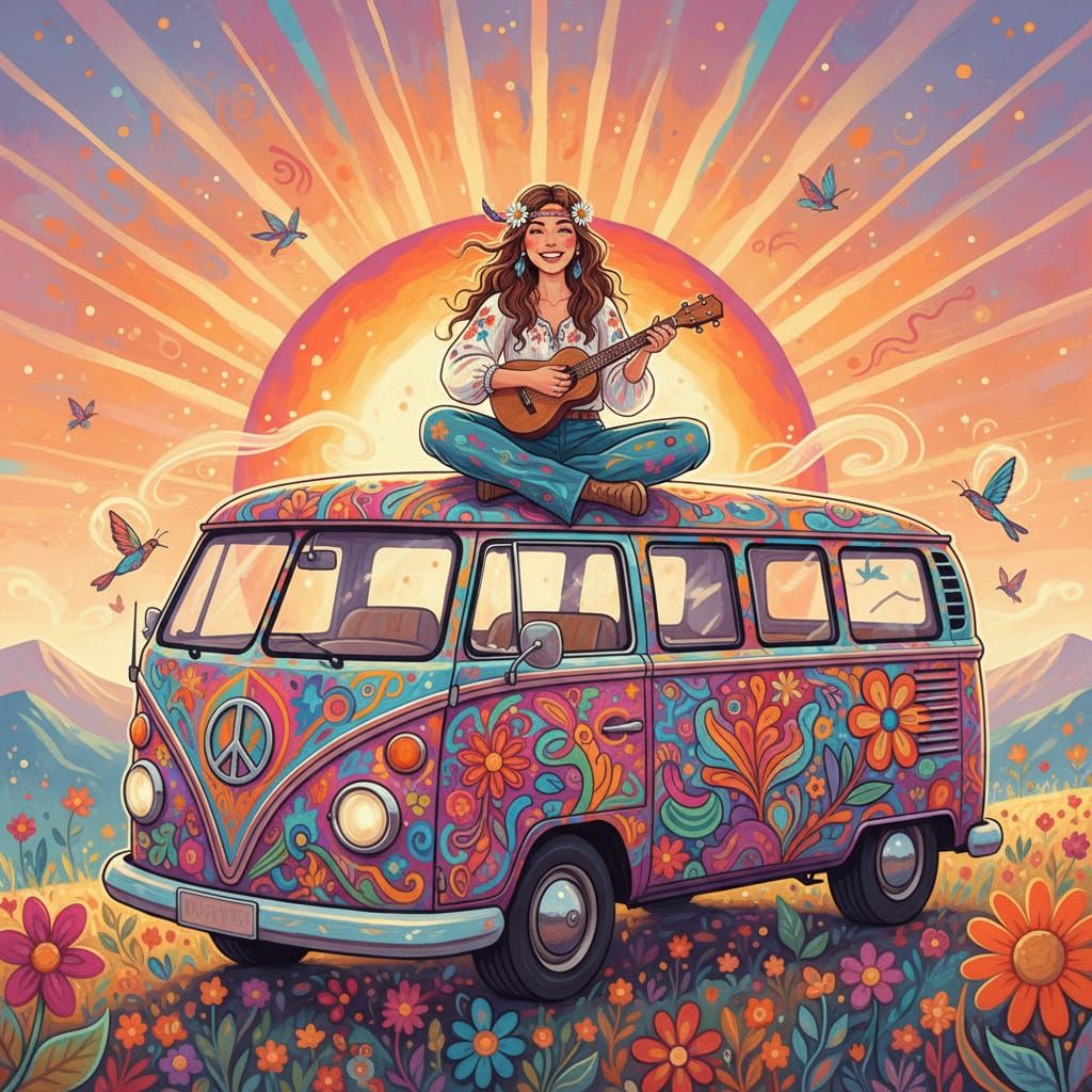 Girl Plays Ukulele on Groovy Camper Van at Sunset