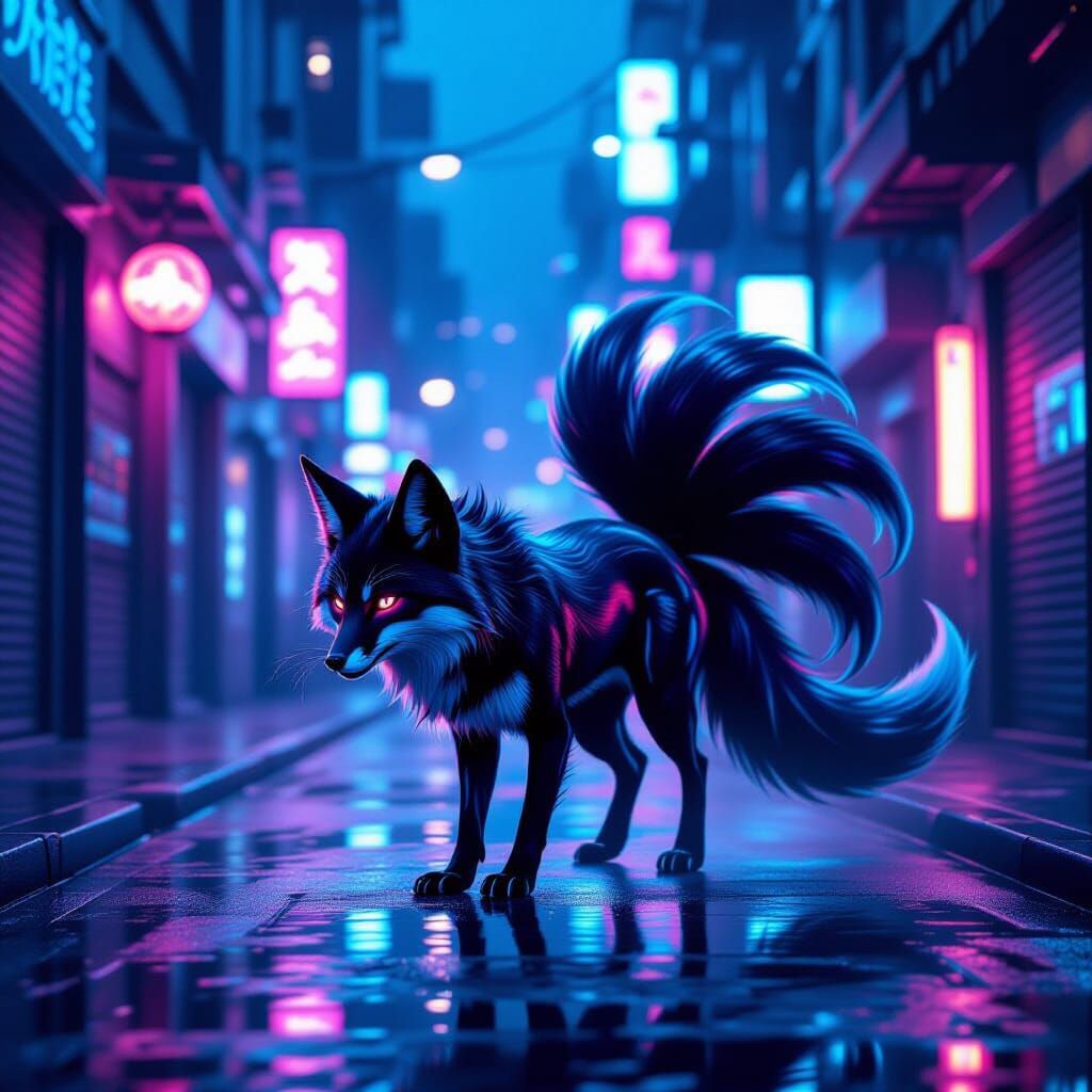 Cyberpunk Kitsune Fox in Neon Alleyway
