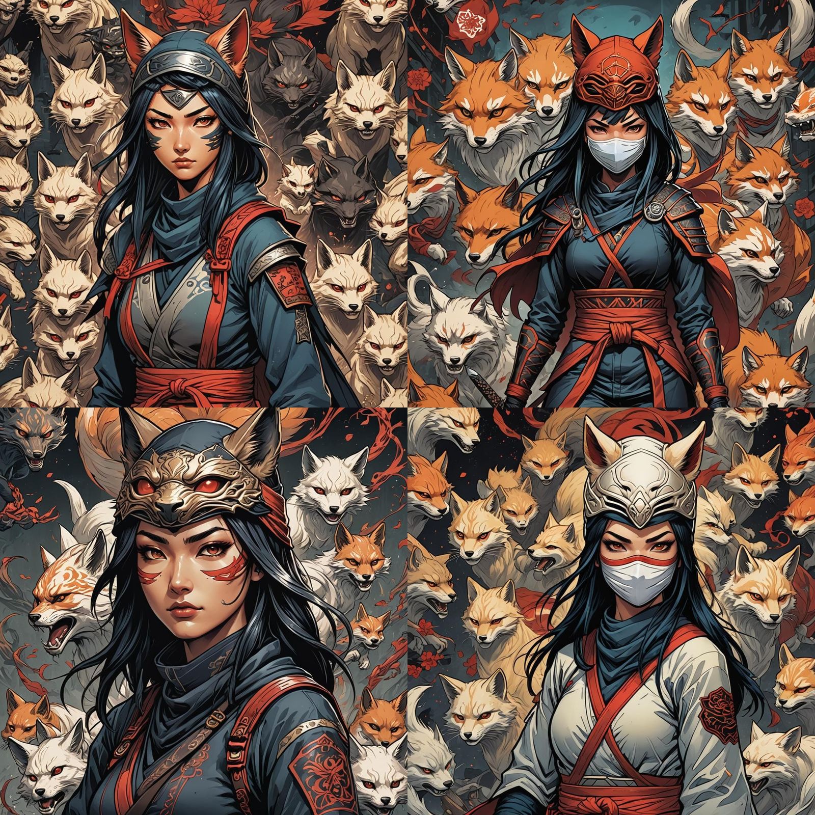 Ninja Girl with Kitsune Mask: Comic Book Art