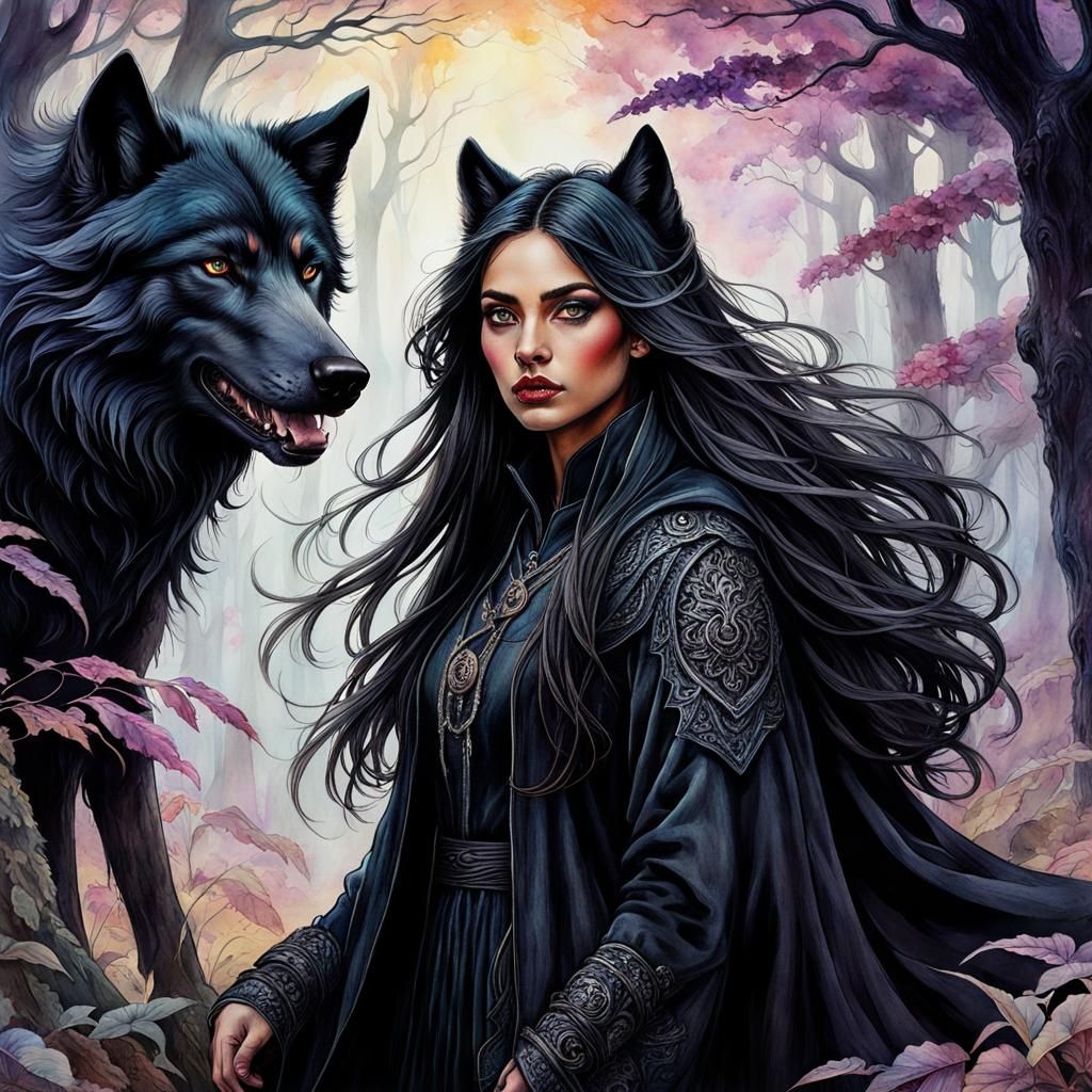 Woman Transforms to Wolf in Watercolor Fantasy Style