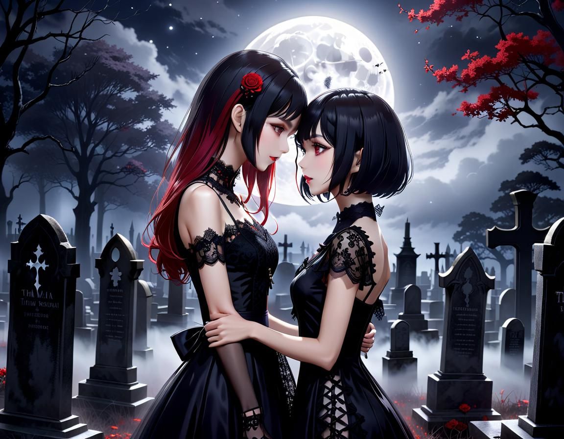 Anime Style Gothic Romance in Graveyard