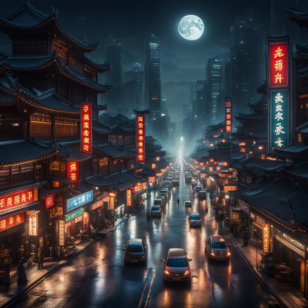 Bustling China Road at Night: Cinematic Digital Painting