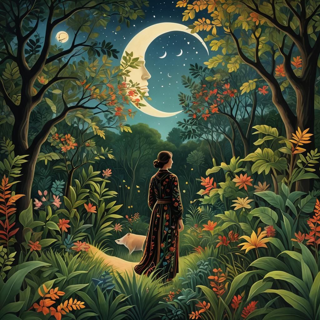 Mystical Being Under Crescent Moon, Digital Art