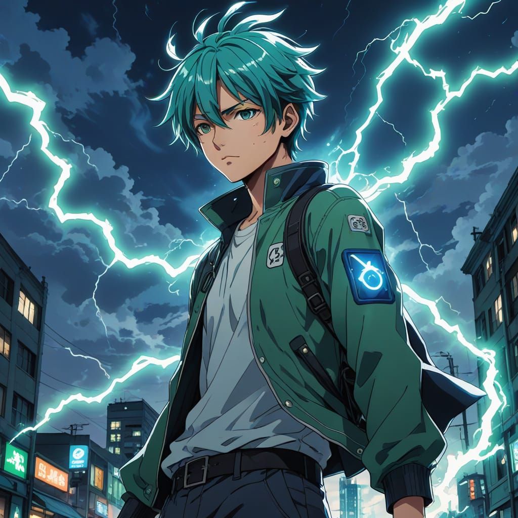 Anime-Inspired Hero in Electric Storm