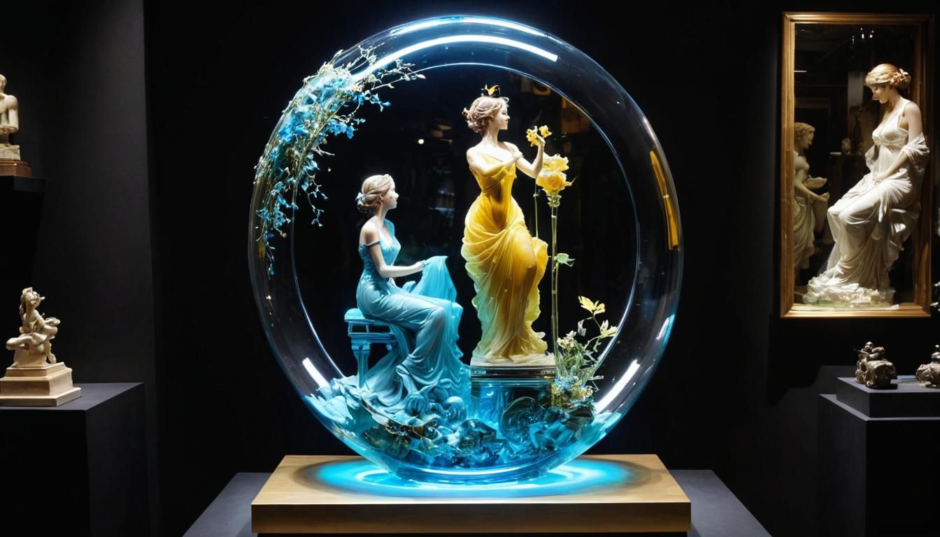 Detailed Glass Sculptures in Old Shop