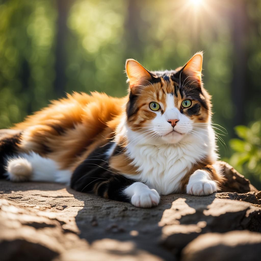 Content Calico Cat Sunbathing in Forest Clearing