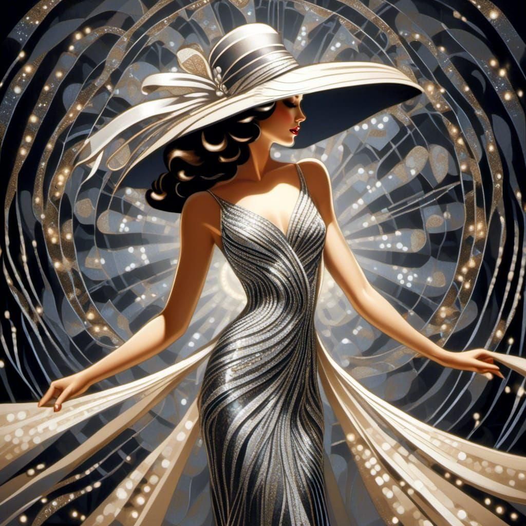 Elegant Woman in Silver Ribbons: Art Deco Style