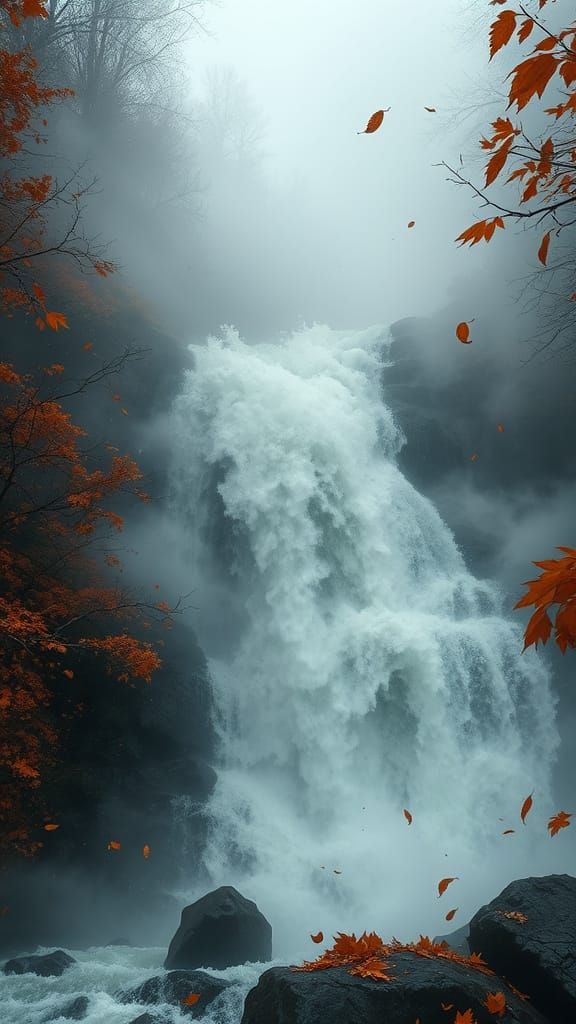 Hyperrealistic Autumn Waterfall in Chaotic Nature