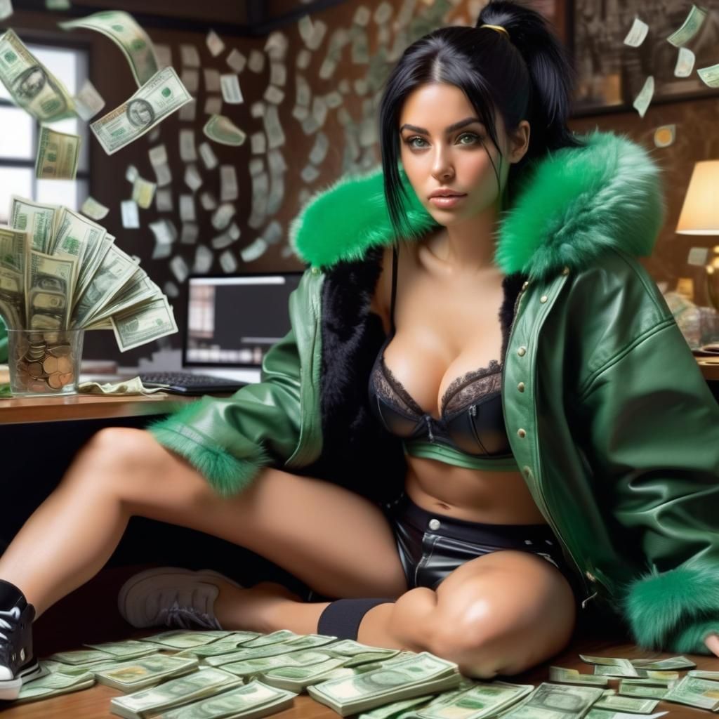 Woman in Parka Surrounded by Money, Hyperdetailed Portrait
