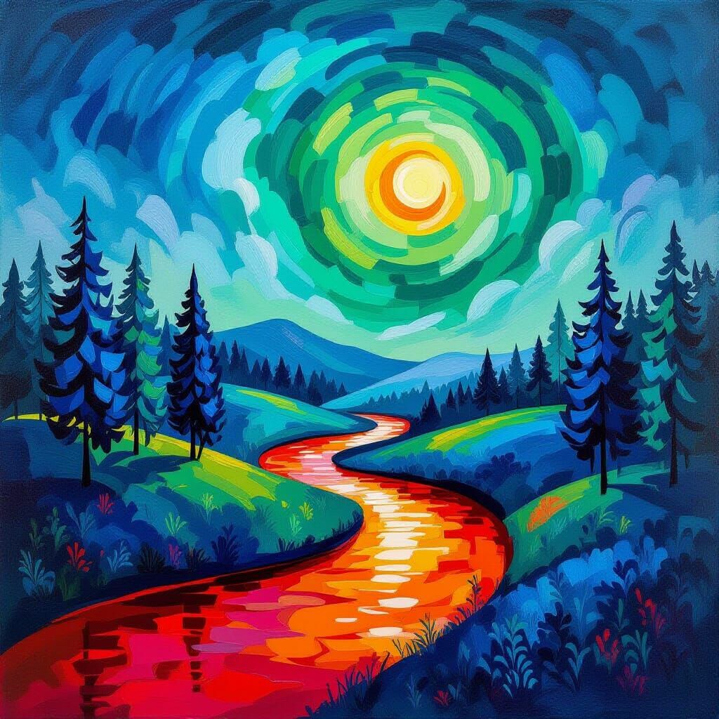 Vibrant Surreal Landscape: Red River, Green Sky, Blue Trees