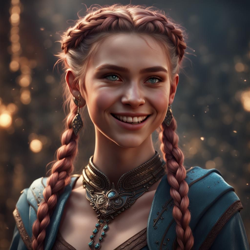 Smiling Girl with Braids: Detailed Matte Painting