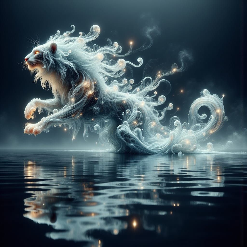 Ethereal Water Tiger Chases Liquid Water Buffalo in Misty Wi...
