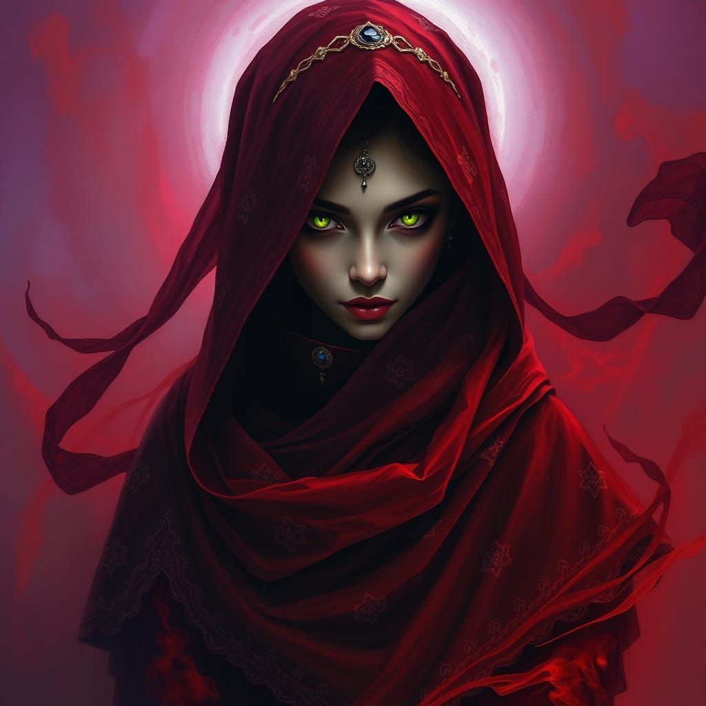 Ethereal Dark Fantasy Goddess in Deep Red Velvet Attire