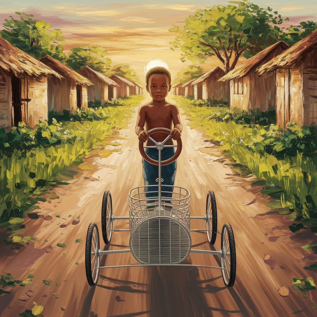 African Village Child with Wire Car Painting