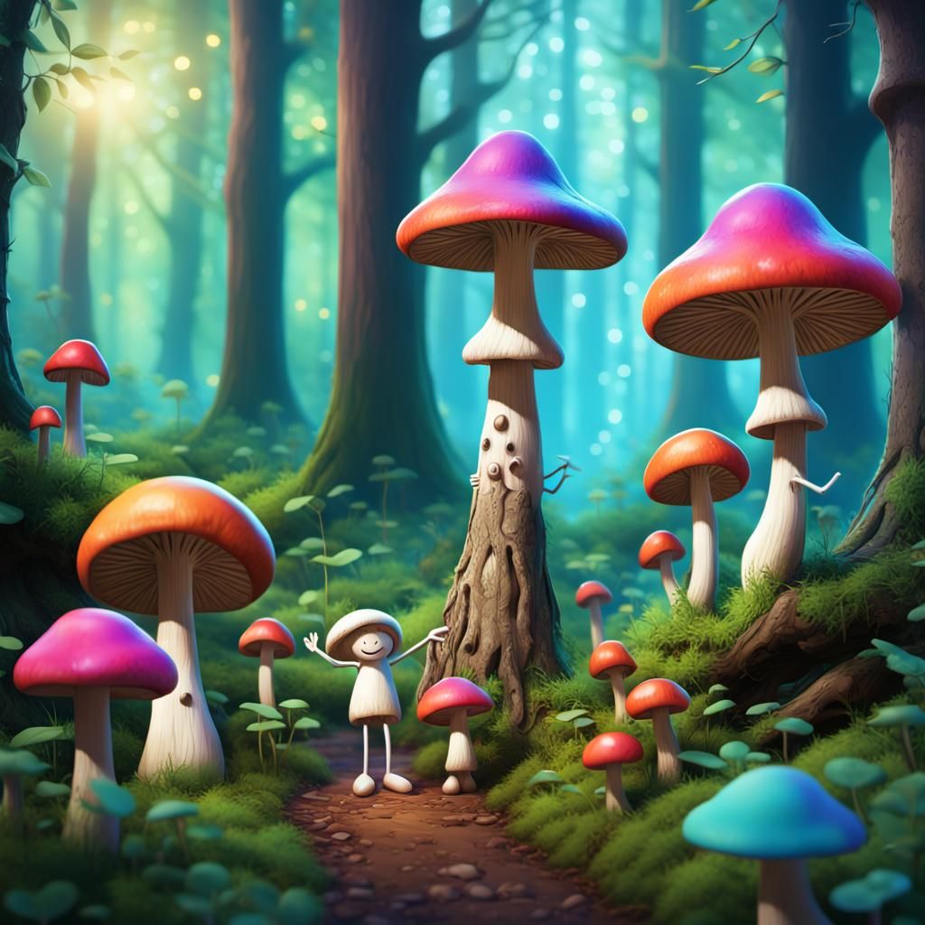 Happy Stick Figure and Mushroom Choir in CGI