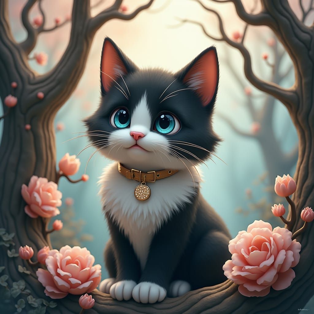 Whimsical Black and White Cat in Dreamscape
