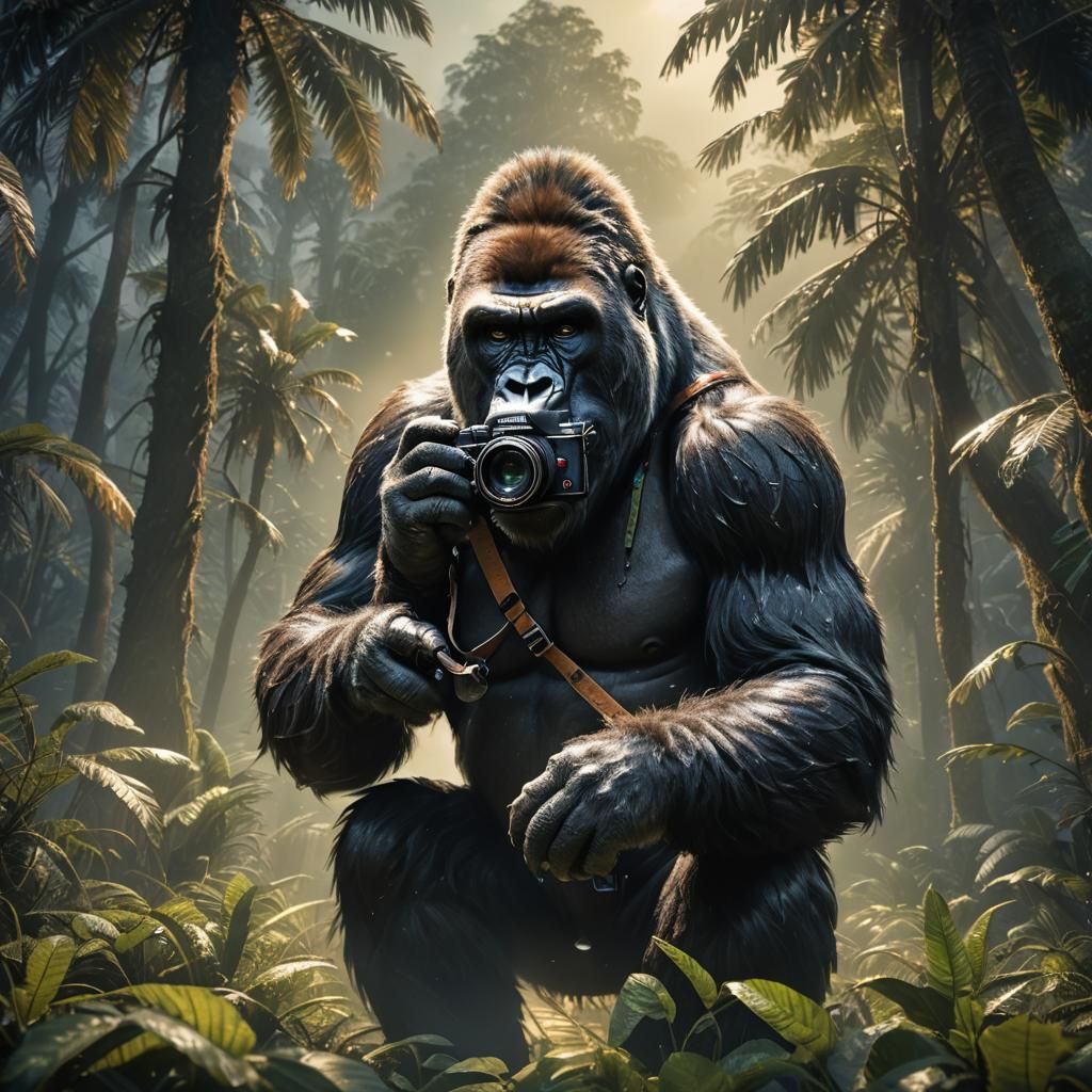 Gorilla Photographer in a Neon Mist, Ash Thorp Style