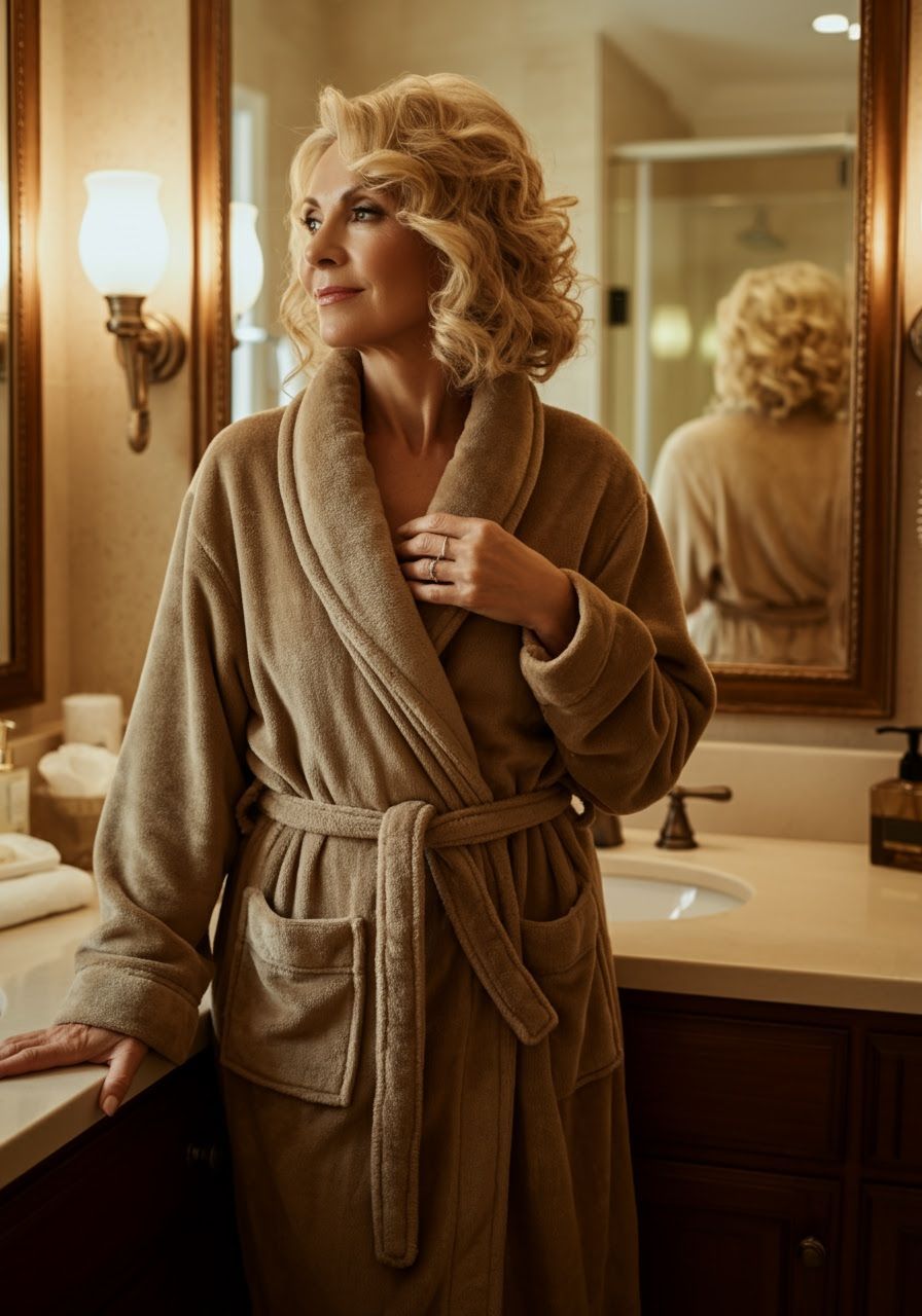 Elegant Mature Woman in Bathroom, Natural Light Portrait