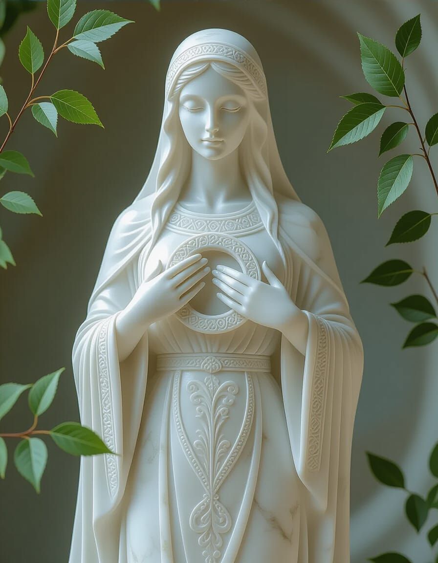 Slavic Guardian Statue Holding Ring in Ethereal Light