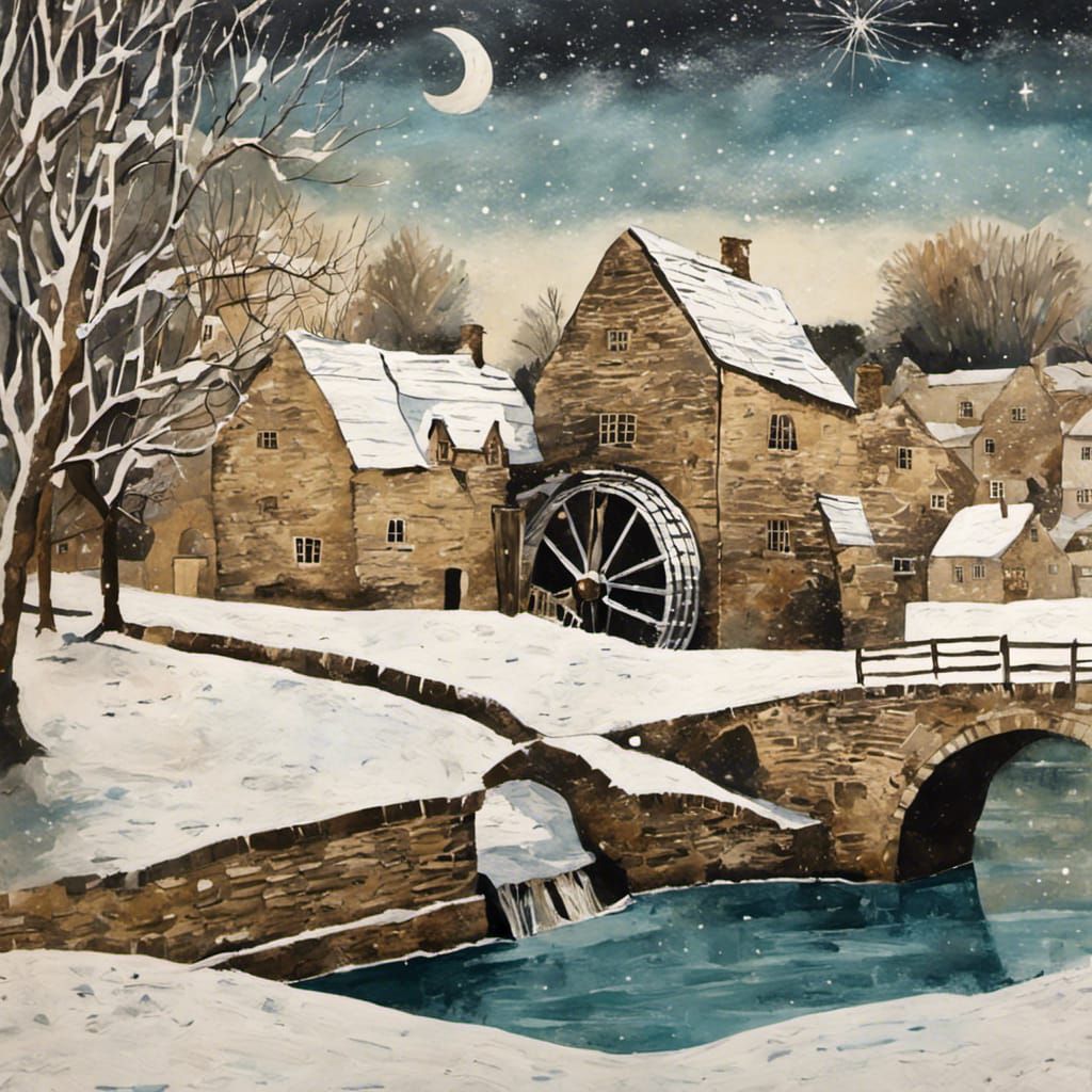 Winter Snow Scene at Cotswolds Water Mill