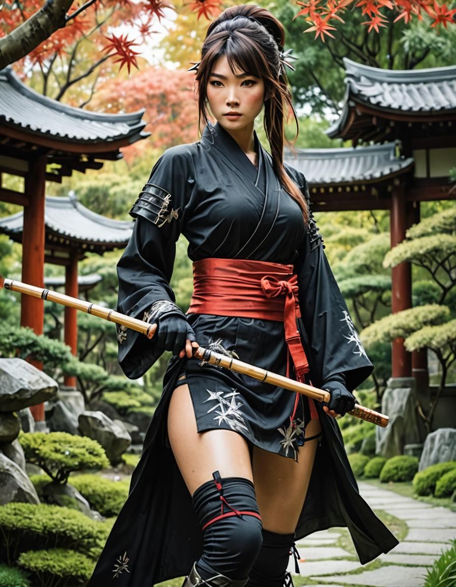 Ninja Woman in Japanese Garden, Anime Style