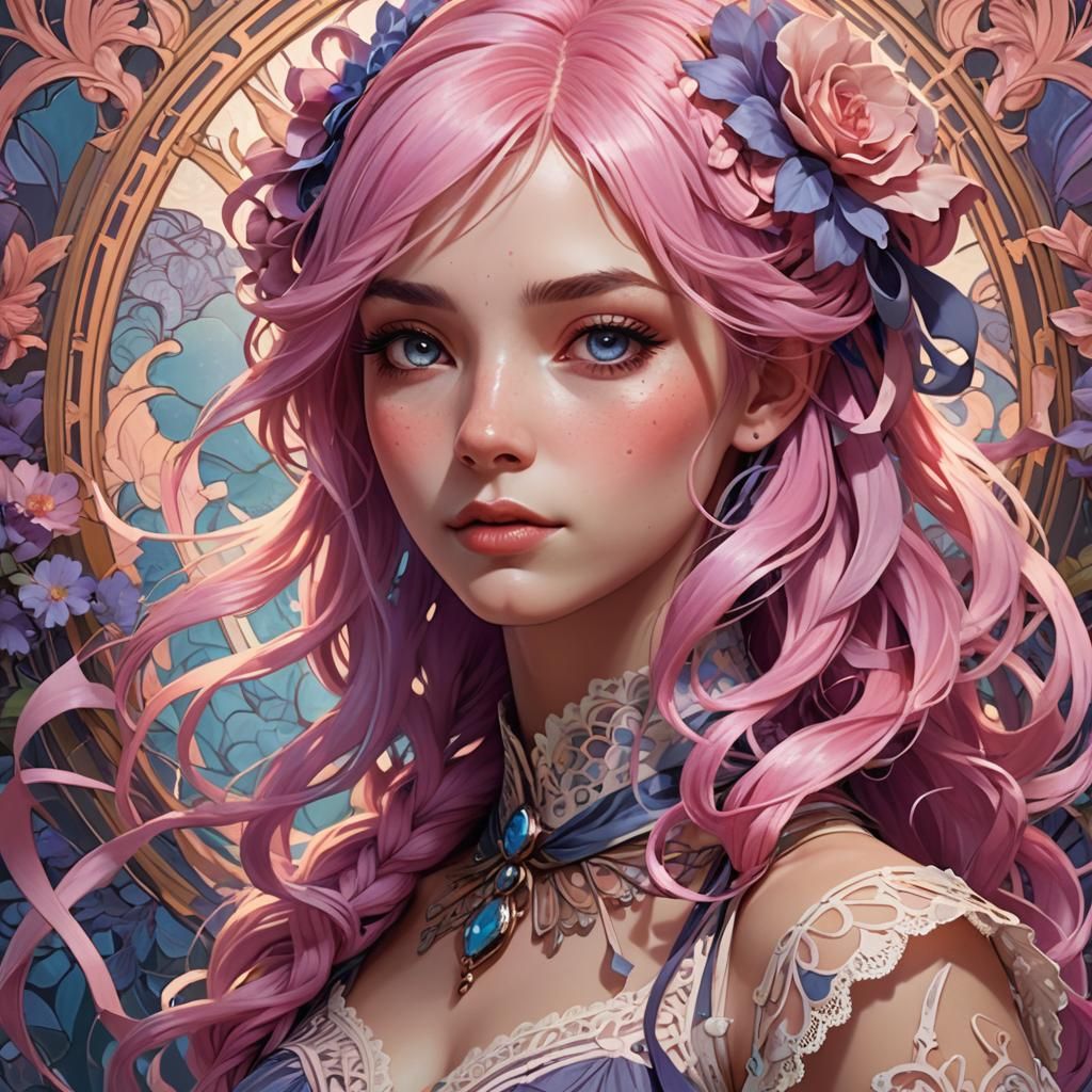 Cute Pink-Haired Girl Portrait in Alphonse Mucha Style