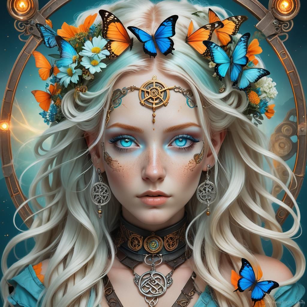 A stunning conceptual portrait featuring a steampunk ethereal female with captivating long, flowing blonde and blue hair...