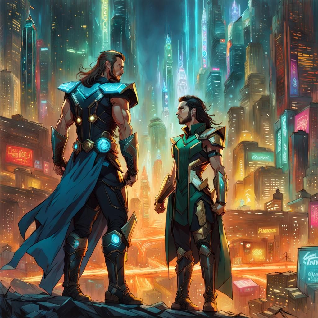 Thor and Loki in Cyberpunk Robotic Armor
