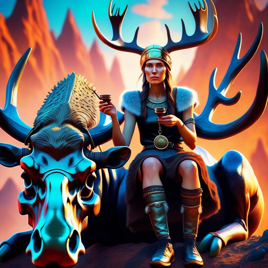 Viking Woman on T-Rex Skull: Surreal Antler Queen