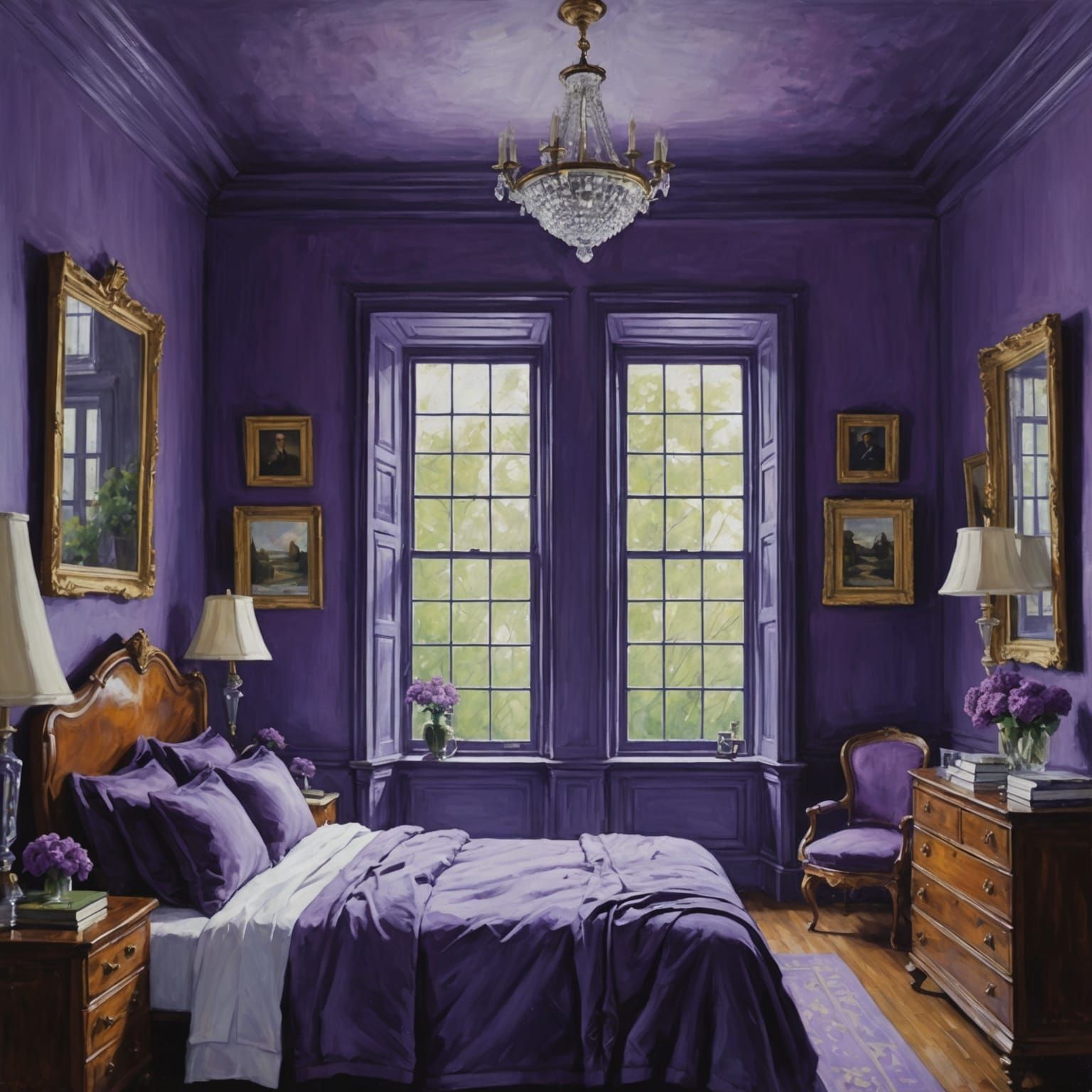 Monochromatic Purple Bedroom as Oil Painting