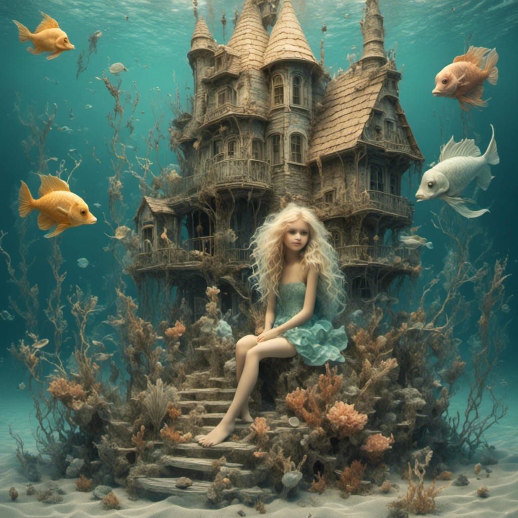 Blonde Mermaid Child Playing Underwater Fantasy