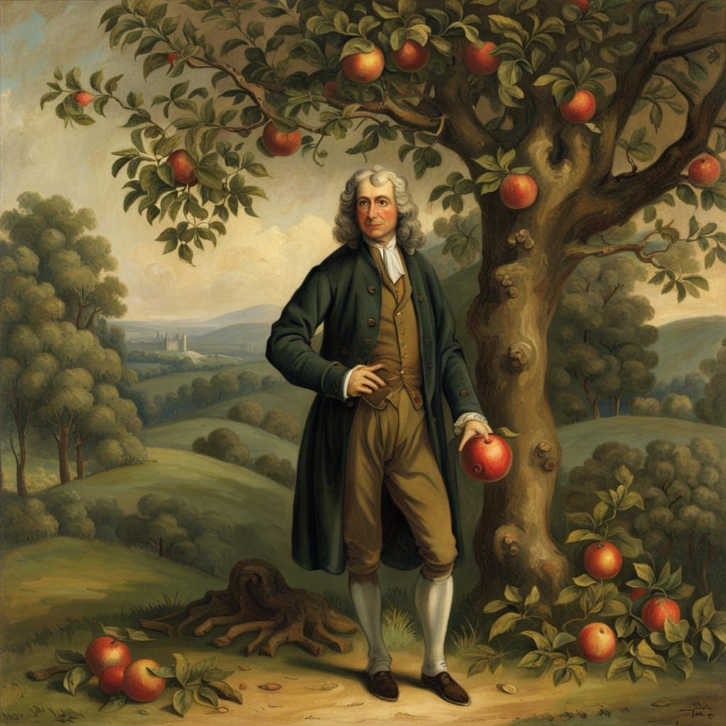 Sir Issac Newton standing under an apple tree