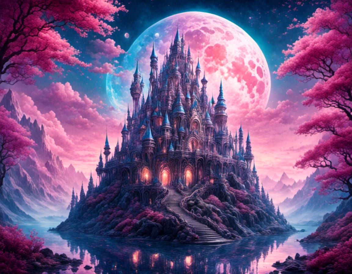 Crystal Castle Under Moonlight in Fantasy Landscape