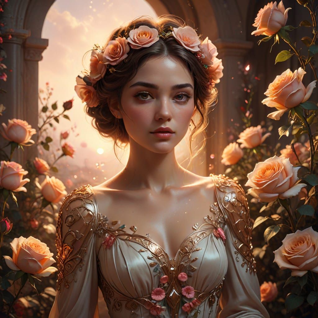 Ethereal Woman Adorned with Roses in Surreal Digital Art
