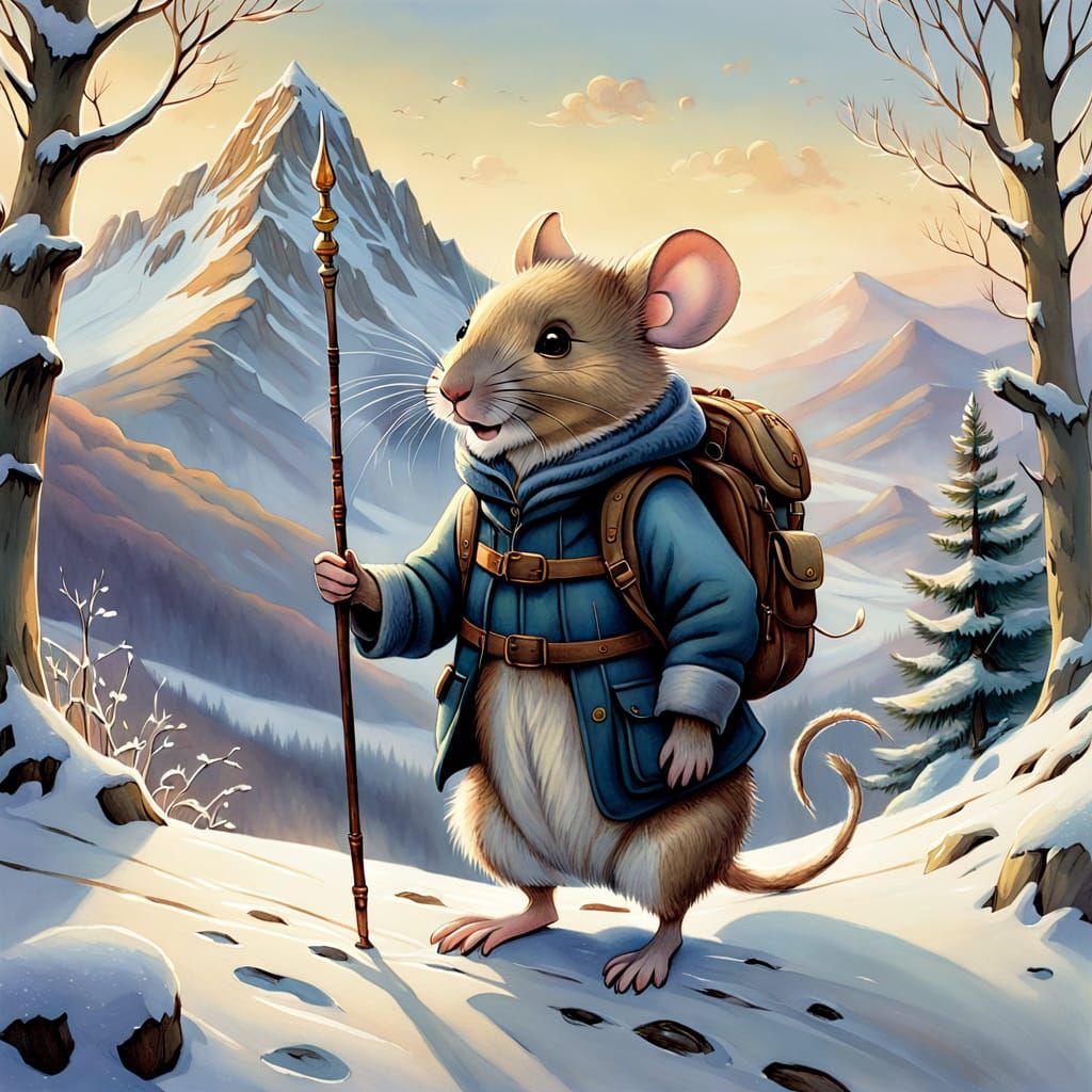 Adorable Mouse in Winter Wonderland, Storybook Art Style