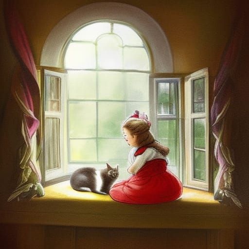Charming Woman with Cat in Window Seat