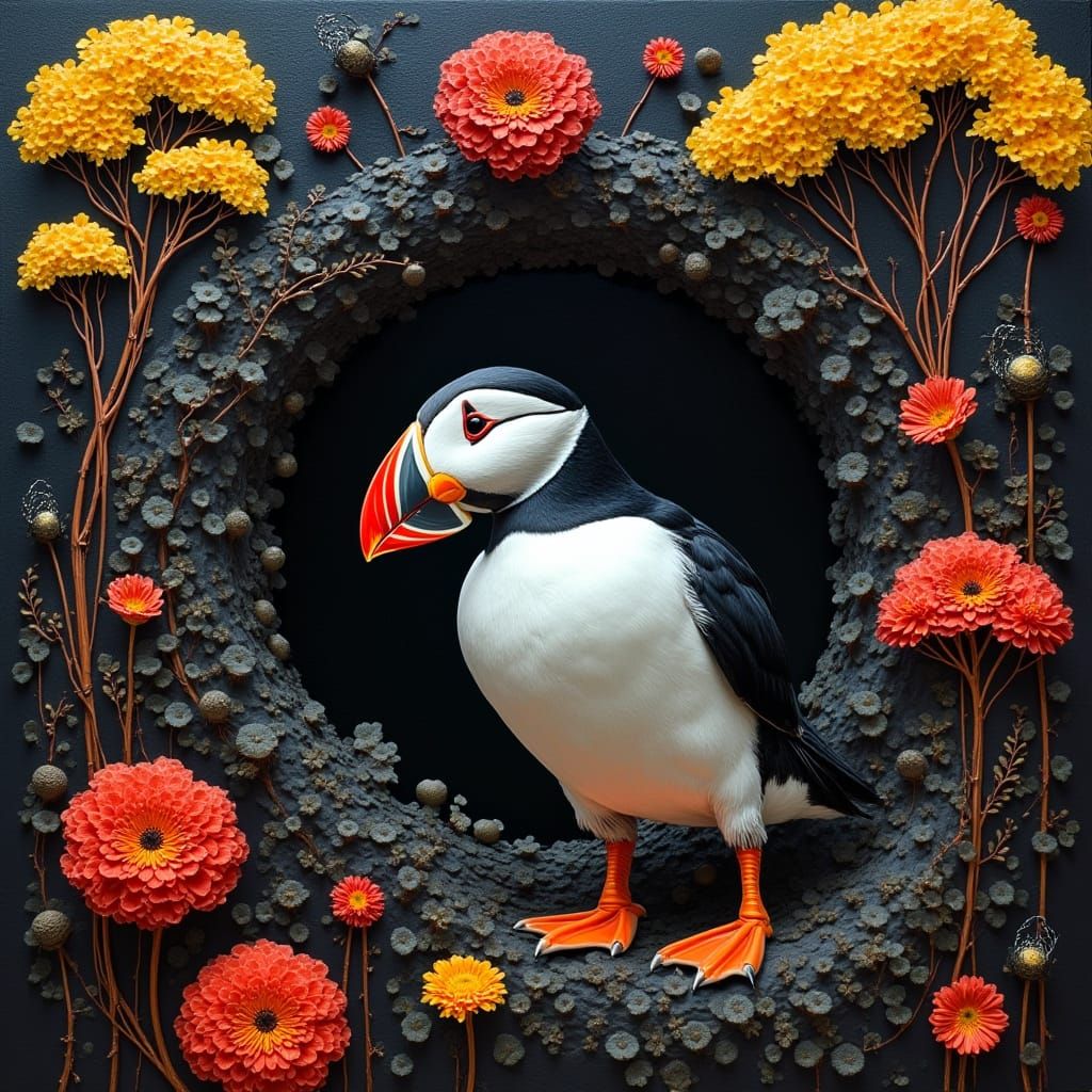 Puffin in Dystopian Molecular Entanglement: An Impasto Oil P...