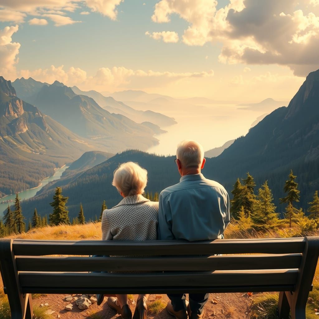 Romantic Mountain Landscape with Elderly Couple