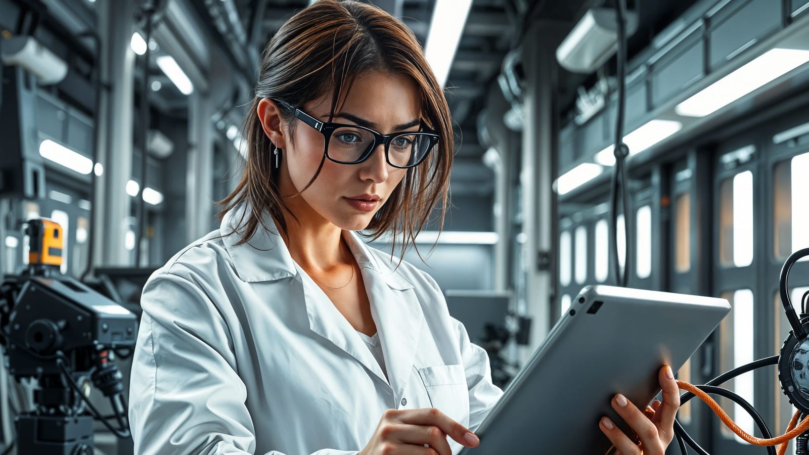 Female Scientist and Cyborg in Robotics Lab