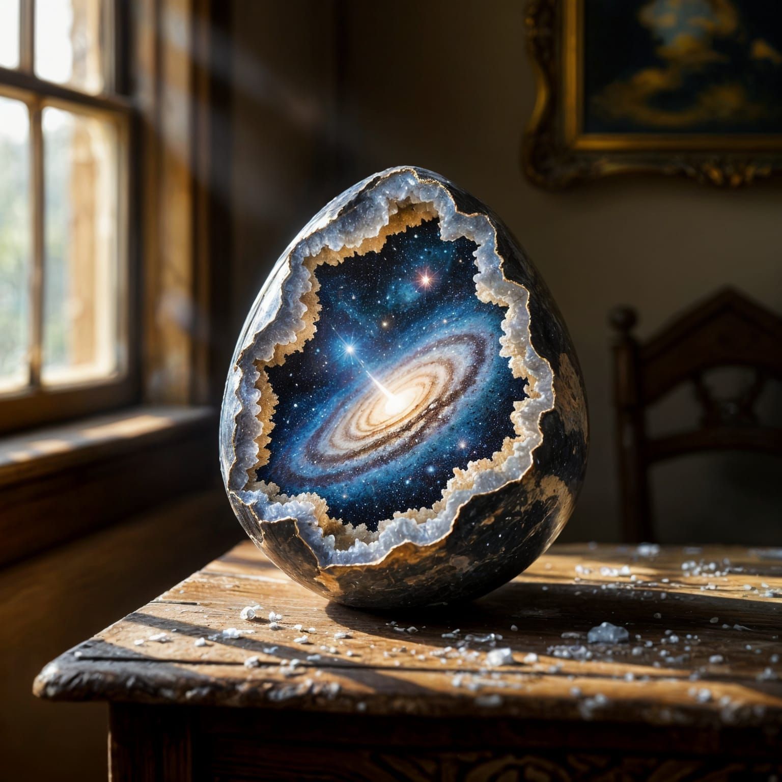 Antique Geode Reveals Miniature Galaxy in Realistic Oil Pain...