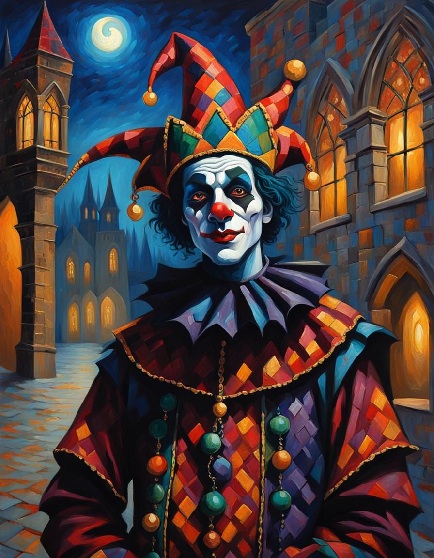 Gothic Impasto Jester in Dimly Lit Courtyard