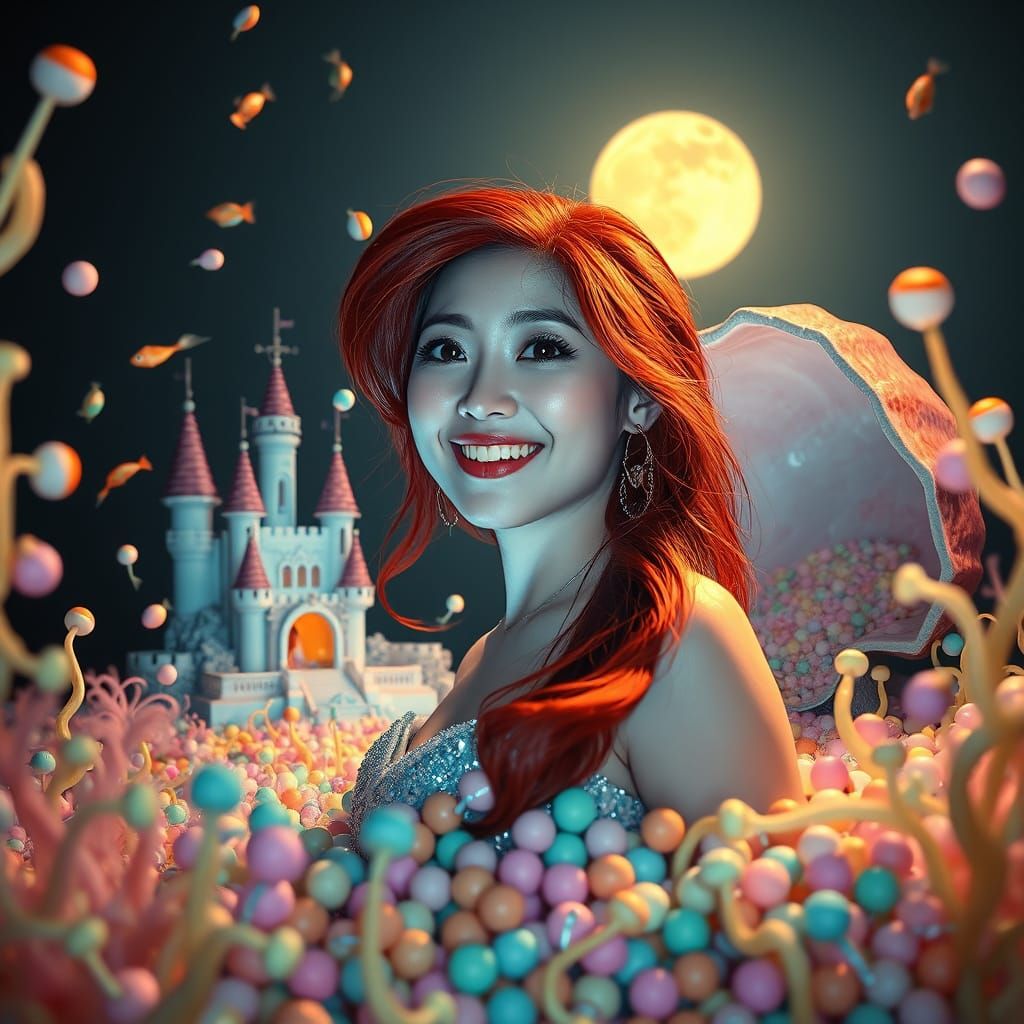 Surreal Pastel Mermaid Surrounded by Candy