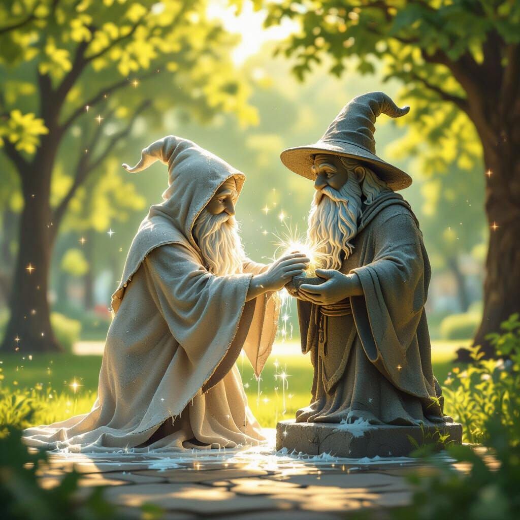 Magical Rag Cleans Wizard Statue in Sunlit Park
