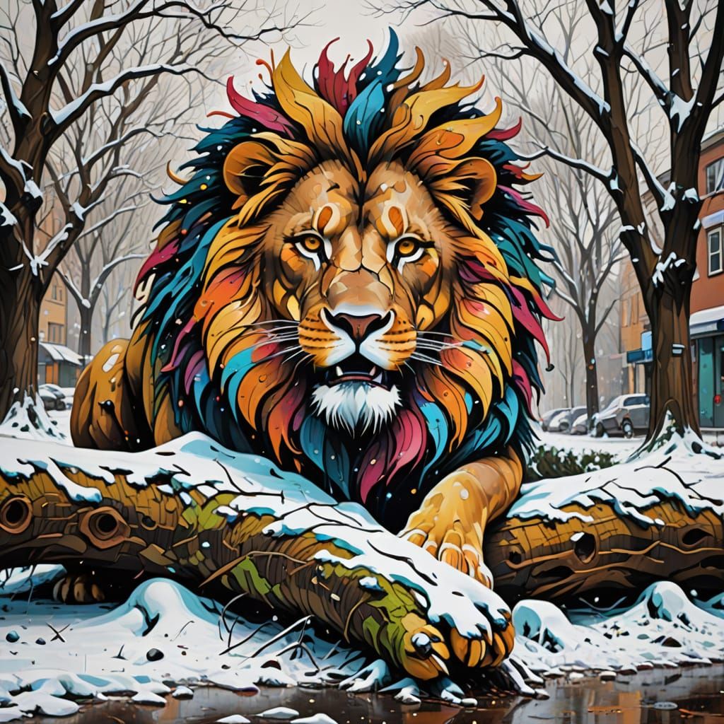 Snowy Fallen Tree Shaped Like a Lion